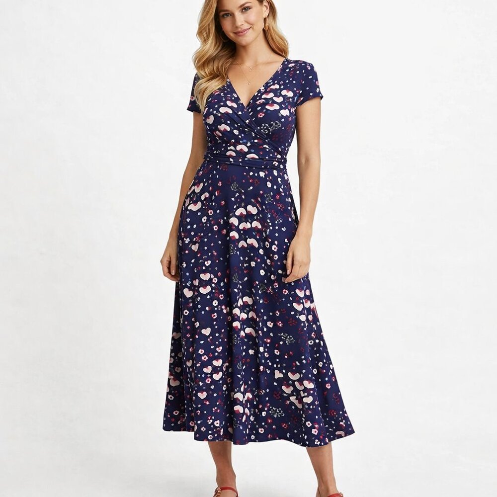Boden Lily Rushed Waist Jersey Maxi Dress Sz 6R Navy Floral Fit & Flare Stretchy
